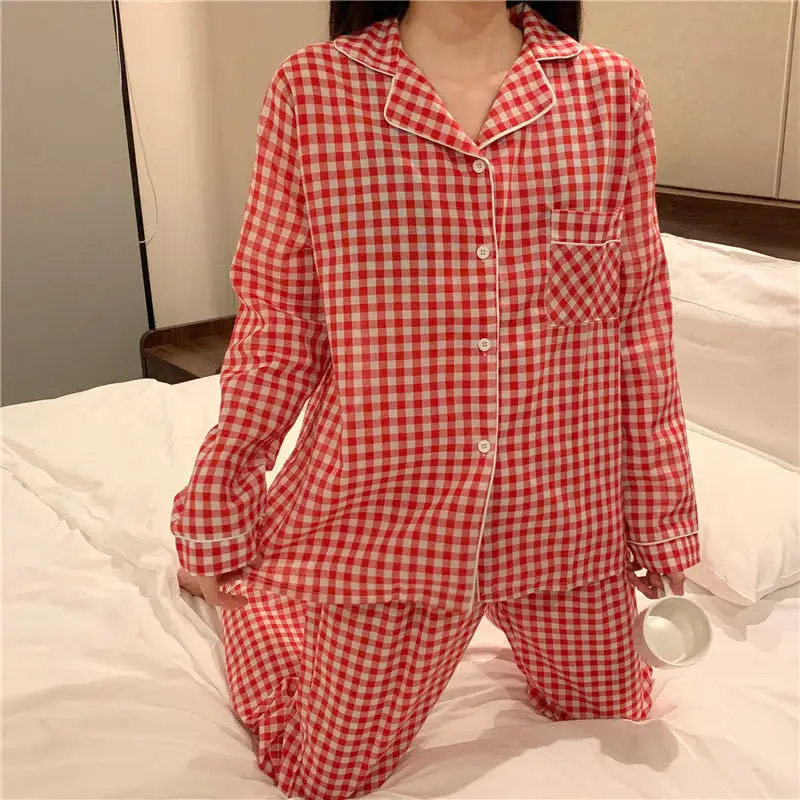 Pajama Sets Plaid Preppy Long Sleeve Soft Lovely Girls Nightwear Kawaii Loose Trendy Daily 2 Piece Sleepwear Korean Style Tender