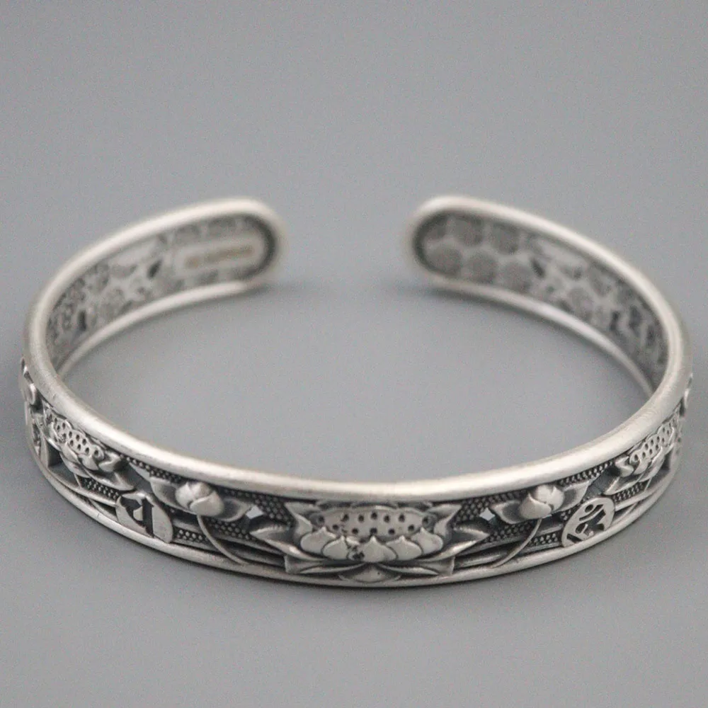 Fine Pure S999 Sterling Silver Bangle Women 12mmW Lotus Flower Link Figure Bracelet 58-64mm 37-38g