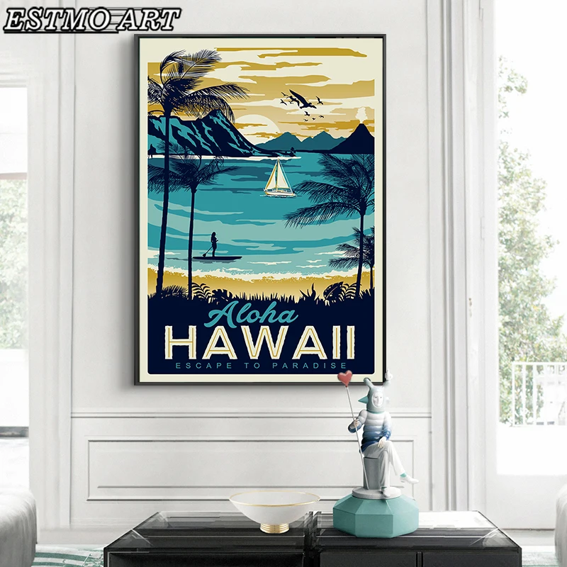 

Blue Gold Hawaii Landscape Canvas Painting Tourist Attraction Poster and Prints Living Room WALL Art HOME DECOR Hanging Picture