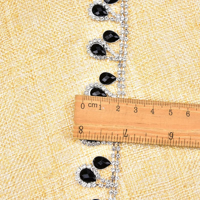 Black Water Drop Glass Rhinestone Cup Chain Fringe Sew on Strass Crystal Applique Bridal Belt Trim for Clothes Shoes Decoration