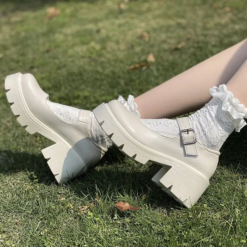 beżowy Mary Jane Lolita Shoes Buckle Strap Girls Cosplay Platform Heels Shoes Ladies Small Leather Shoes Women Chunky Heel Pumps