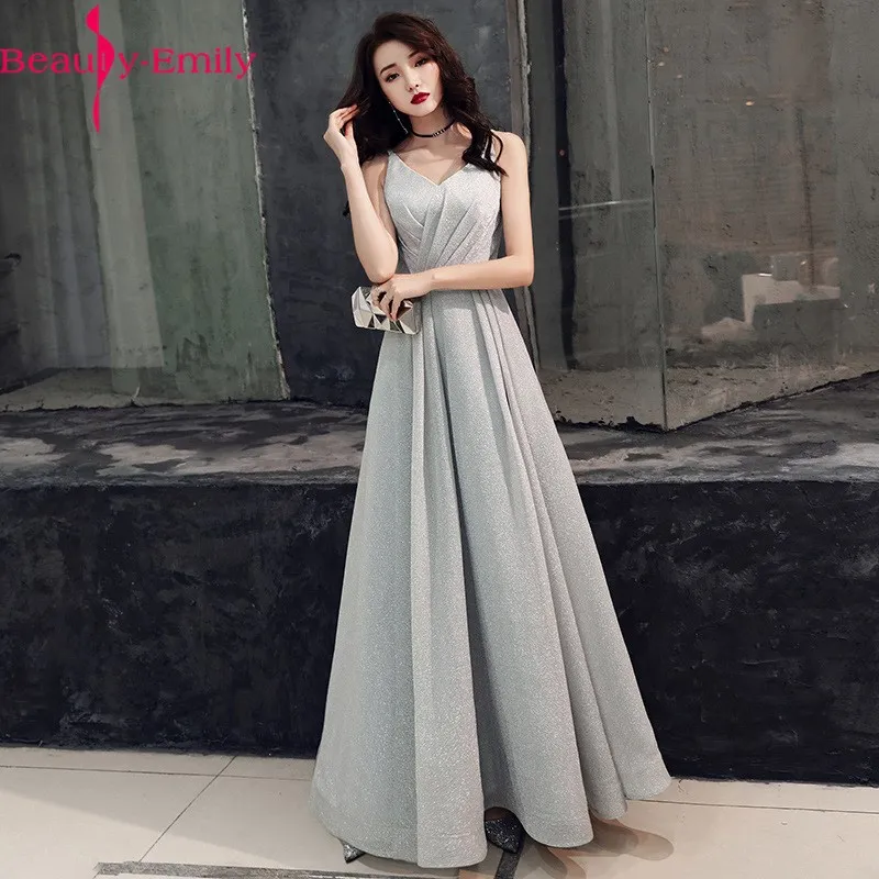 Beauty Emily Sexy V Neck Simple Evening Dress Long Charming Sleeveless Spaghetti Strap Silver Gray Evening Gown Robe De Soiree