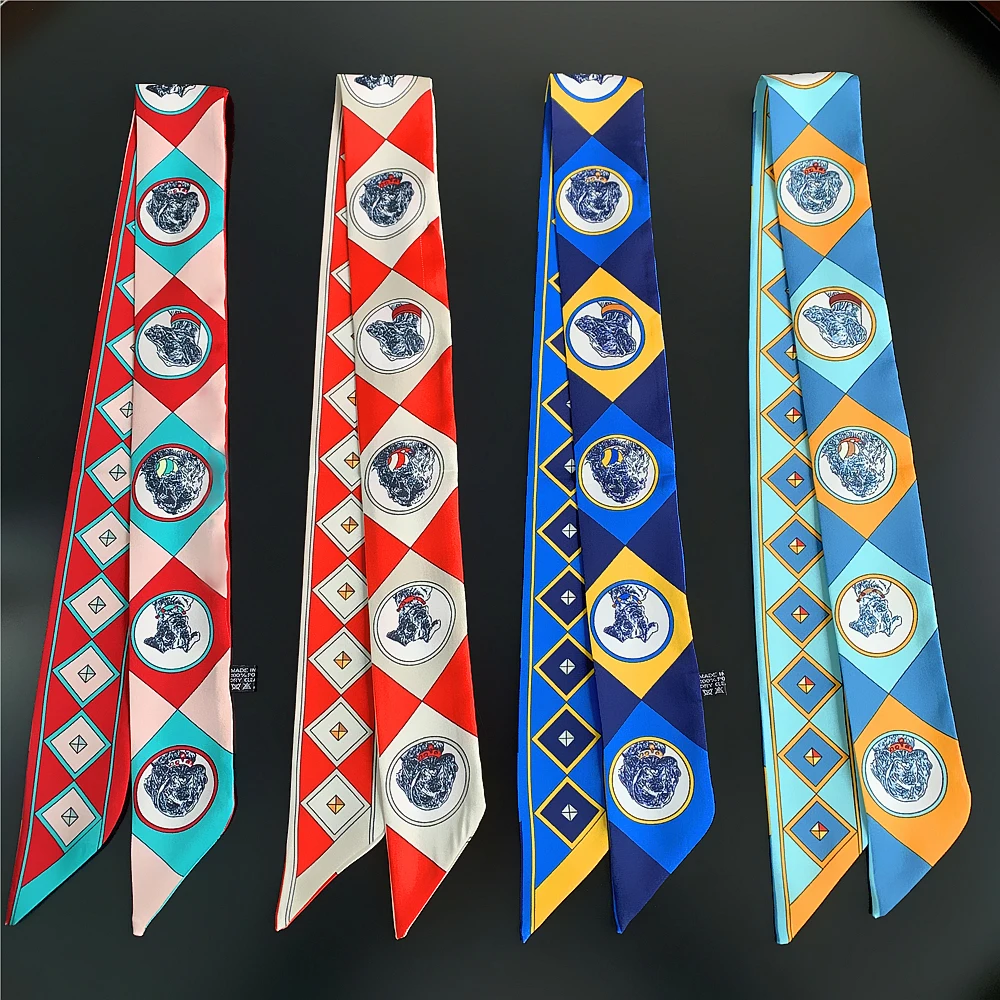 2022Summer Fashion New Animal Dog Pattern Ladies Decoration Twill Long Strip Silk Scarf Narrow Belt Streamer Tie Bag Small Scarf