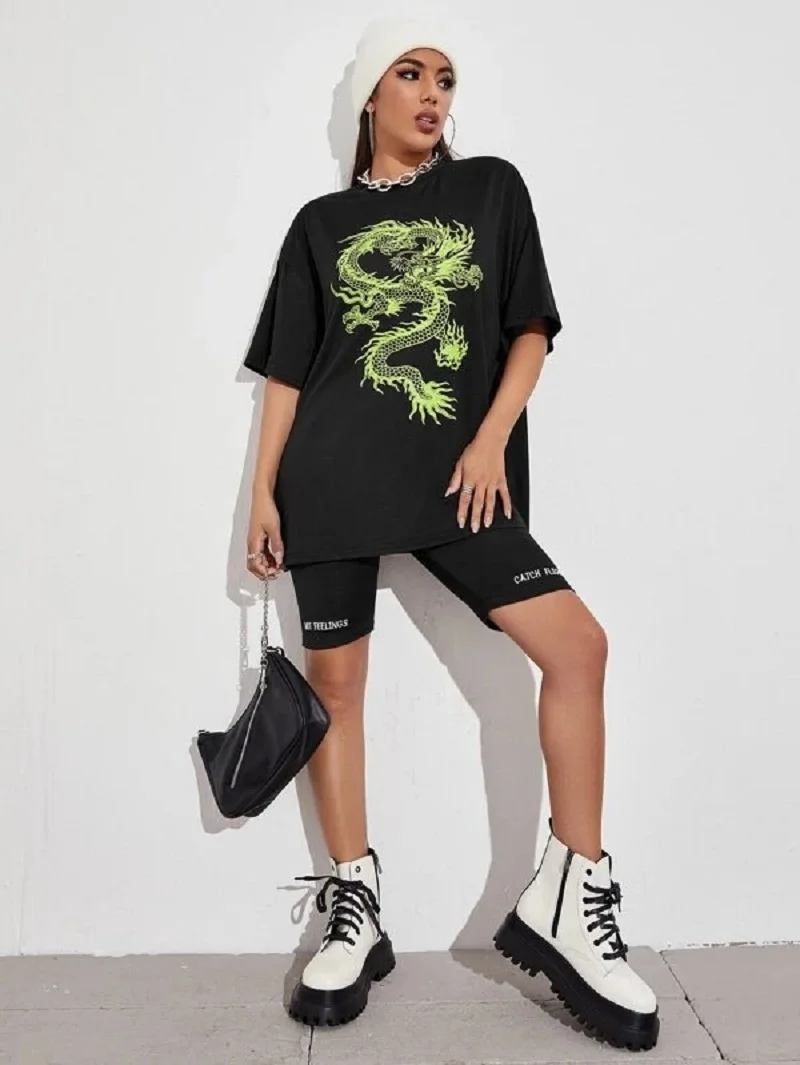 sunfiz YF Big Dragon Large Sizes Female T-shirt Dragon Print on Clothes Top Oversize T-shirt Summer Short Sleeve Harajuku