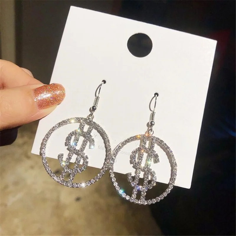 Personality Rhinestone Dollar Icon Shape Hanging Shiny Dangle Exaggerated Women's Earrings Prevent Allergy Quality Ear Nail 2021