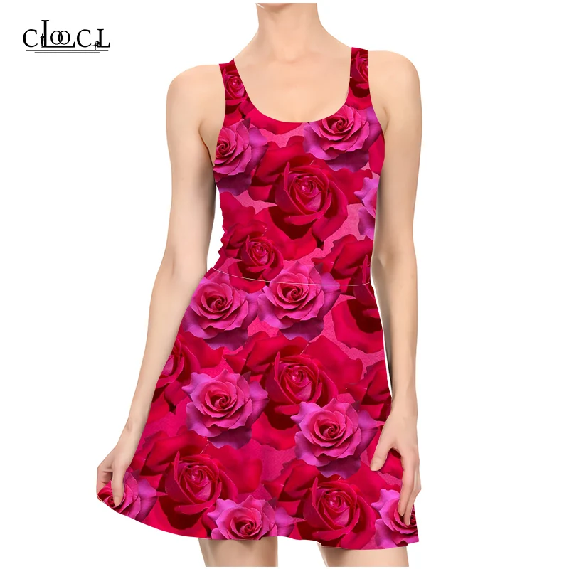 

CLOOCL Newest Red Rose Flower 3D Print Summer Dress Women Slim Sleeveless Women Sexy Slim Dresses Pleated Casual Dress