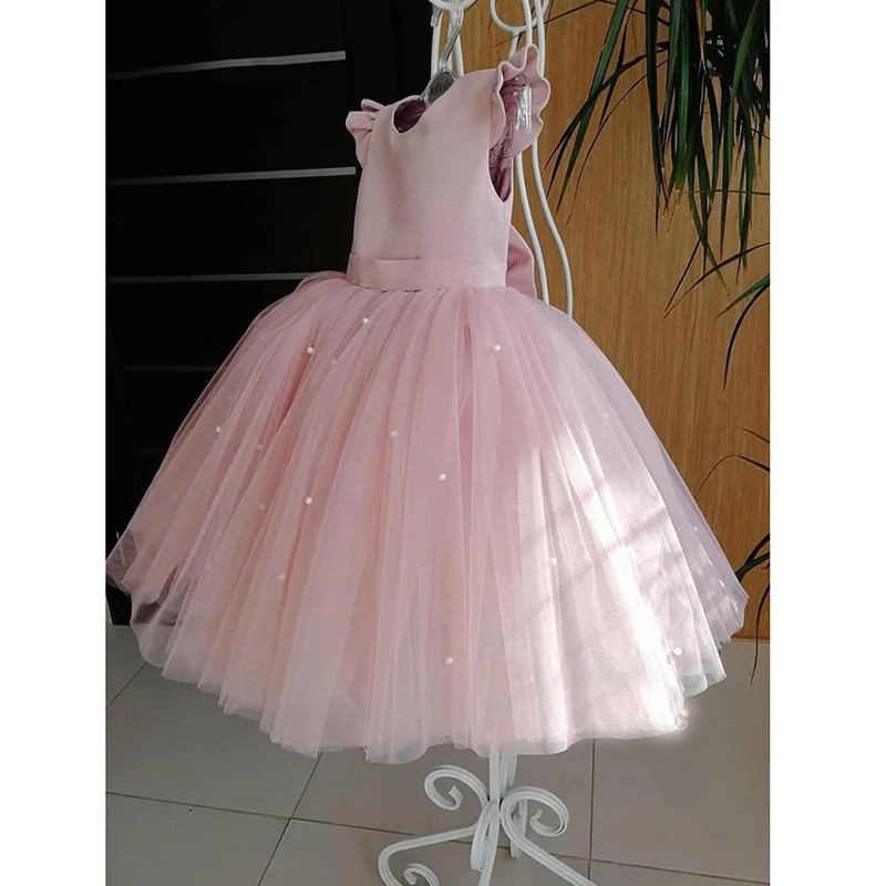 2025 Peach Pink Flower Girl Dresses Of Wedding Beading Backless Girl Birthday Party Evening Dress Tulle Princess Ball Gown 1-12Y