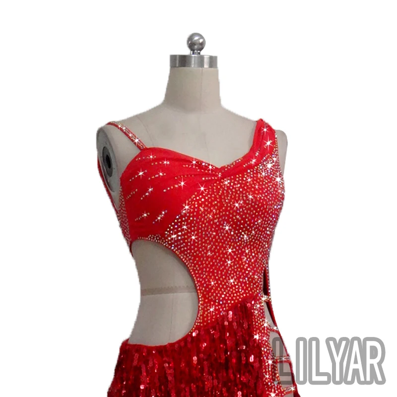 New Latin Dance  Competition Performance Dress Adult Red Cut-Out Sequin Sexy Dance Dress