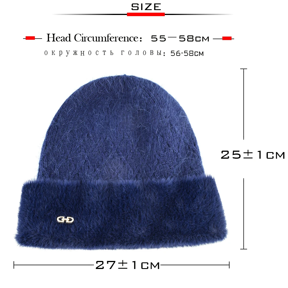 Knitted Wool Hat For Women Winter Warm Rabbit Fur Beanie Ladies Elegant Skullies Cap With Rhinestones High Quality Female Bonnet