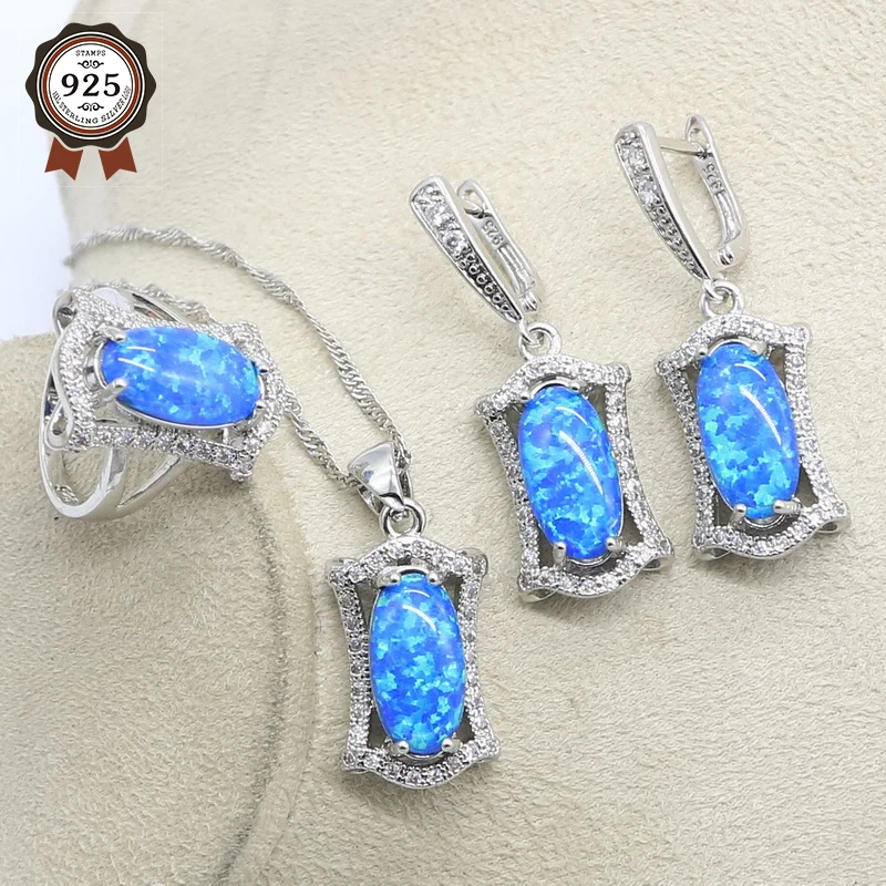 95%off Silver 925 Blue Opal Bridal Jewelry Sets For Women Necklace Earrings Pendants Ring Sets For Birthdays Gift