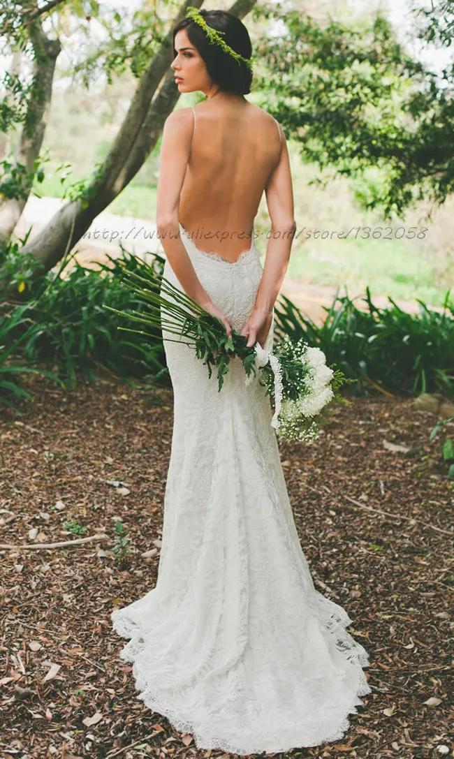 Vestido de novia con cuello en V, traje de encaje con tirantes finos, sirena, Espalda descubierta, 2019