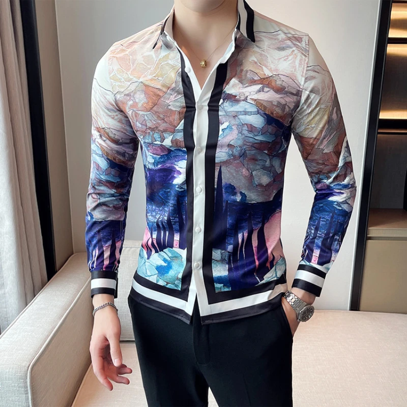 Luxury Printed Men\'s Shirt Long Sleeve Casual Shirt Slim Business Formal Dress Shirt Streetwear Social Party Tuxedo men clothing