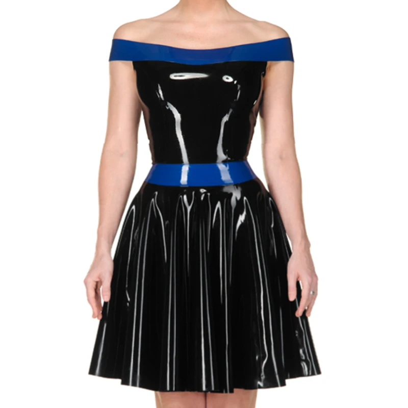 Blue And Black Halter Sexy Strapless Latex Dresses With Zipper At Back Rubber Gown Bodycon Playsuit LYQ-0209