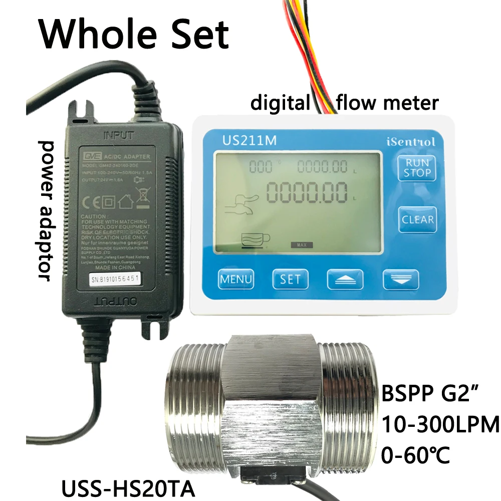 

US211M Digital Flow Meter & USS-HS20TA Stainless Steel 304 Inox Hall Flow Sensor Measurement 14-300L/minBSPP G2" Dijiang Saier