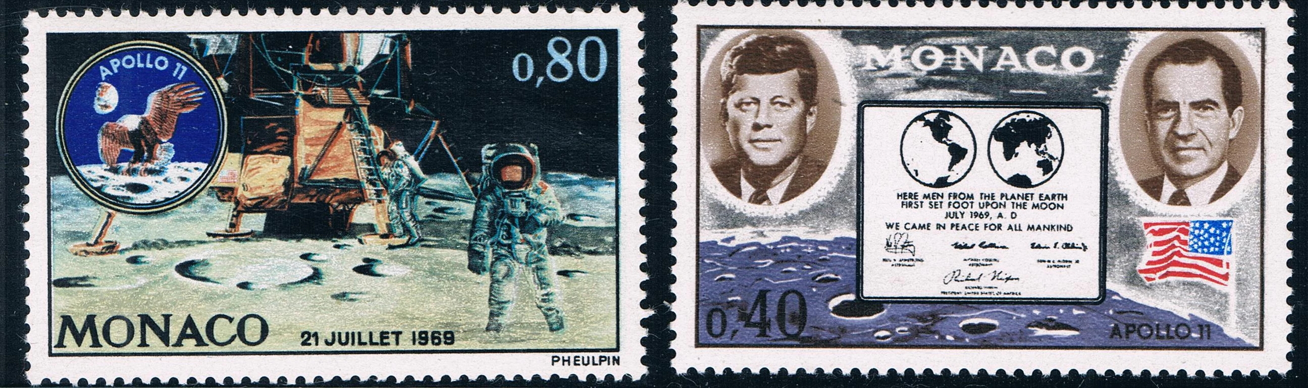 2Pcs/Set New Monaco Post Stamp 1970 Apollo 11 Landing on The Moon President Kennedy Stamps MNH