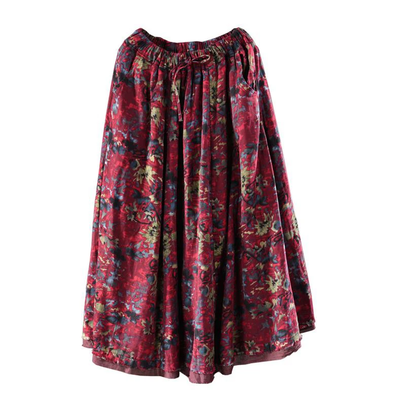 Spring Autumn New Arts Style Women High Waist Cotton A-line Long Skirt Vintage Print Loose Maxi Skirt Female Casual Skirt S272