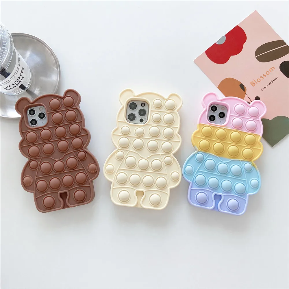 Reliver Stress Fidget Toy Push Bubble Case for iPhone 6 6s 7 8 Plus X XR XS 11 12 Pro Max SE Cartoon Bear Game Cover Kids