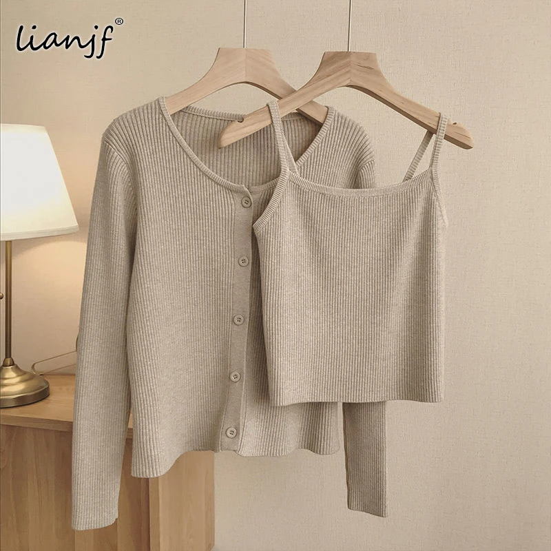 Casual Sling Leibchen Strickjacke Jacke Frauen Koreanische Mode Grundlegende Weste + langarm Top Solide 2 Stück Set Pullover oversize