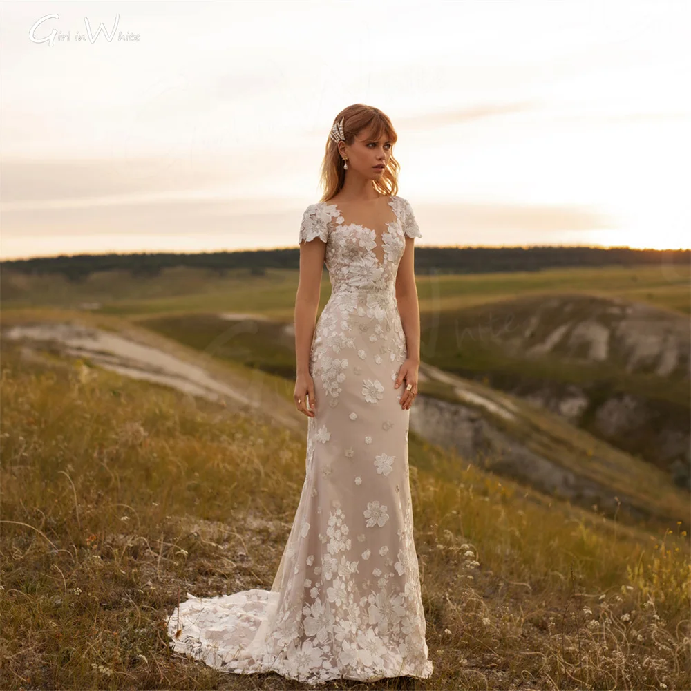 Romantische Bloem Kant Mermaid Trouwjurk Korte Mouw Bruidsjurk Button Backless Bruid Gewaden Bruid Om Vestido De Novia