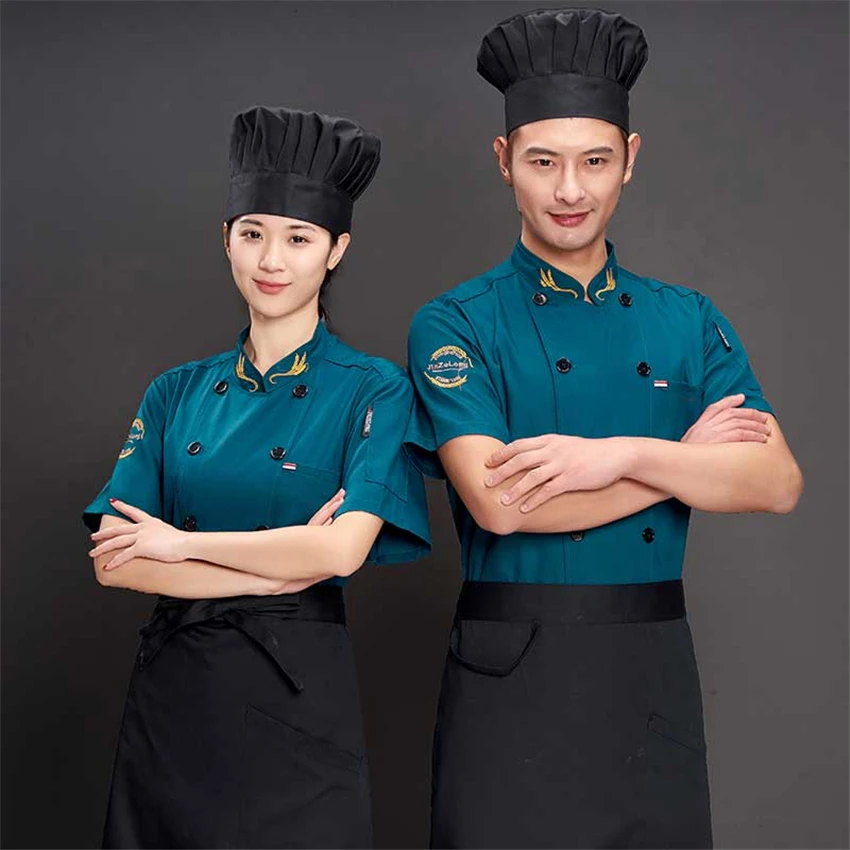 Adult Chef Uniform for Men Work Wear Kitchen Tops Print Restaurant Shirts Summer Short Sleeve Chinese Clothes Chef Jacket