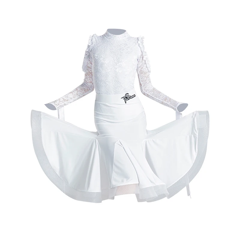 Children Ballroom Dance Dress Girls White Lace Competition Costume Long Sleeve Two-Piece Tango Standard Dancing Clothes VDB6420