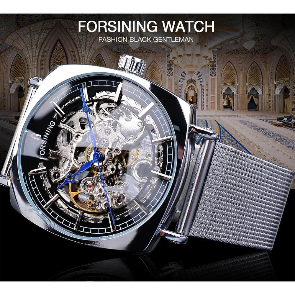 Forsining New Fashion Mechanical Watch For Men Square Automatic Skeleton Analog Silver Slim Mesh Steel Band Watch Relojes Hombre