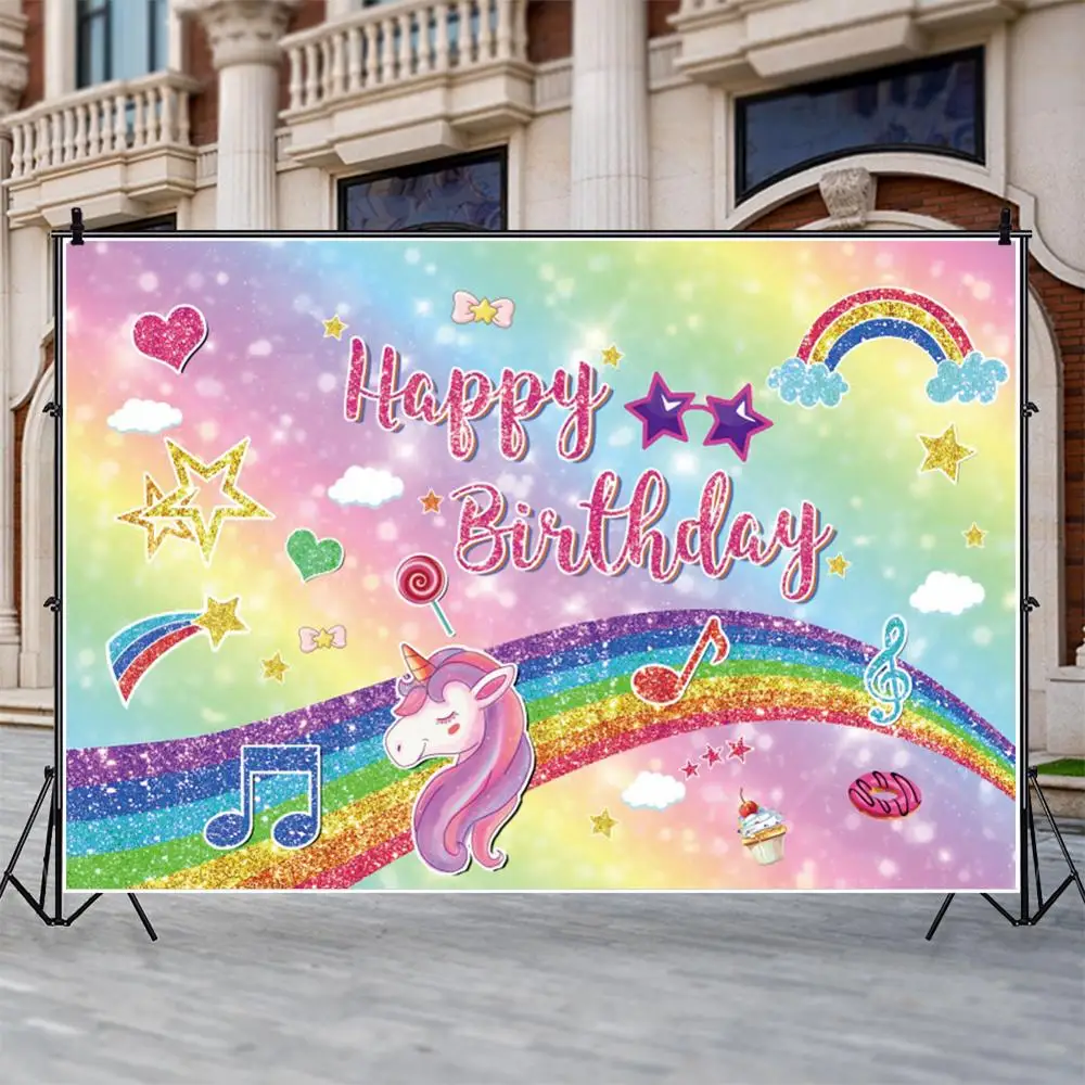 Rainbow Unicorn Star Cloud Music Cake Donuts Newborn Baby Shower Birthday Background Photography Backdrop Vinyl Photophone Props