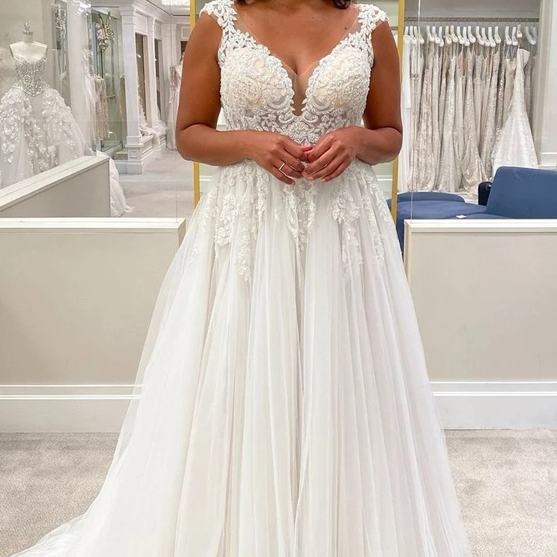 2021 vestido de casamento com decote em v até o chão princesa a linha rendas apliques cristal miçangas para mulher senhora plissado sem mangas customsize