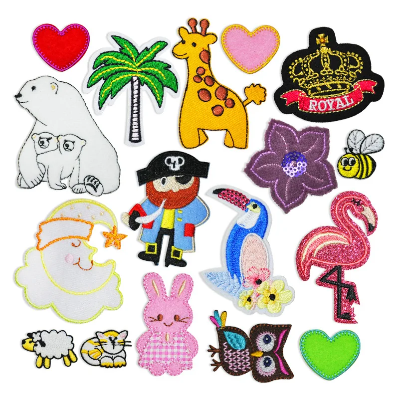 

50pcs/Lot Luxury Anime Embroidery Patch Bunny Owl Dinosaur Coconut Sheep Deer Flamingo Crown Tiger Clothing Decoration Craft