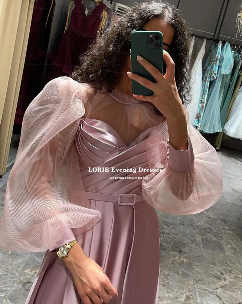 LORIE – robe De Soirée longue en Satin rose poussiéreux, Simple, col haut, manches bouffantes