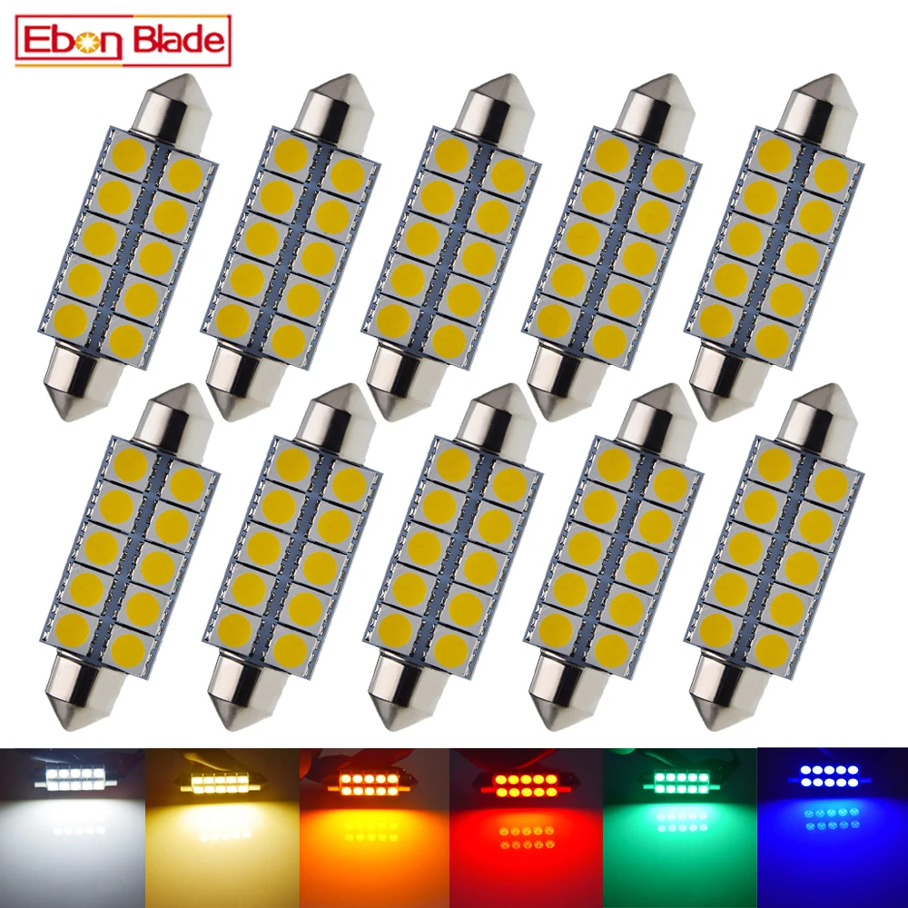 10Pcs 44mm 1.73 pollici LED Car Interior Dome Map Festoon Lamp targa lampadina del bagagliaio C5W C10W 5050 10 SMD 12V DC bianco caldo