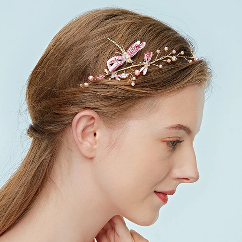 handmade pink dragonfly headpiece pearls wedding headband boho bridal hair jewelry for girls women hair band