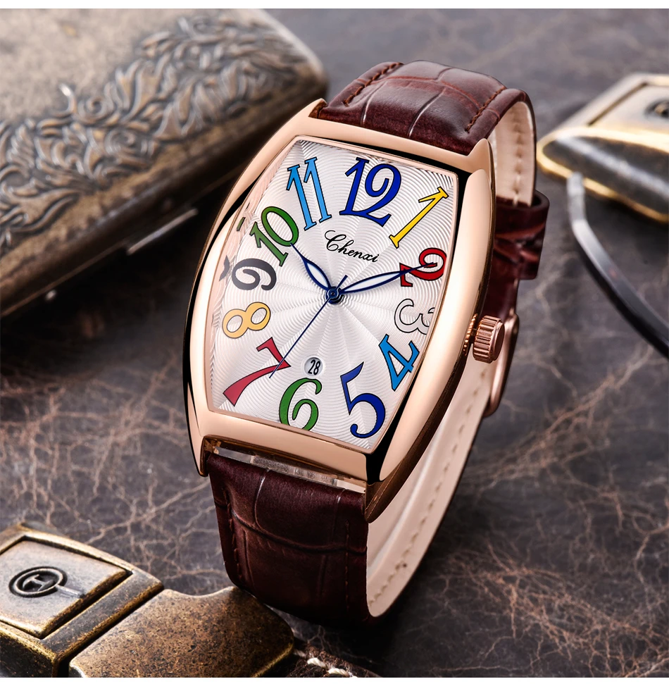 Men Watches Top Brand Luxury CHENXI Tonneau Watches Men Leather Band Auto Date Quartz Wriswatches Fashion Business Watch 2021