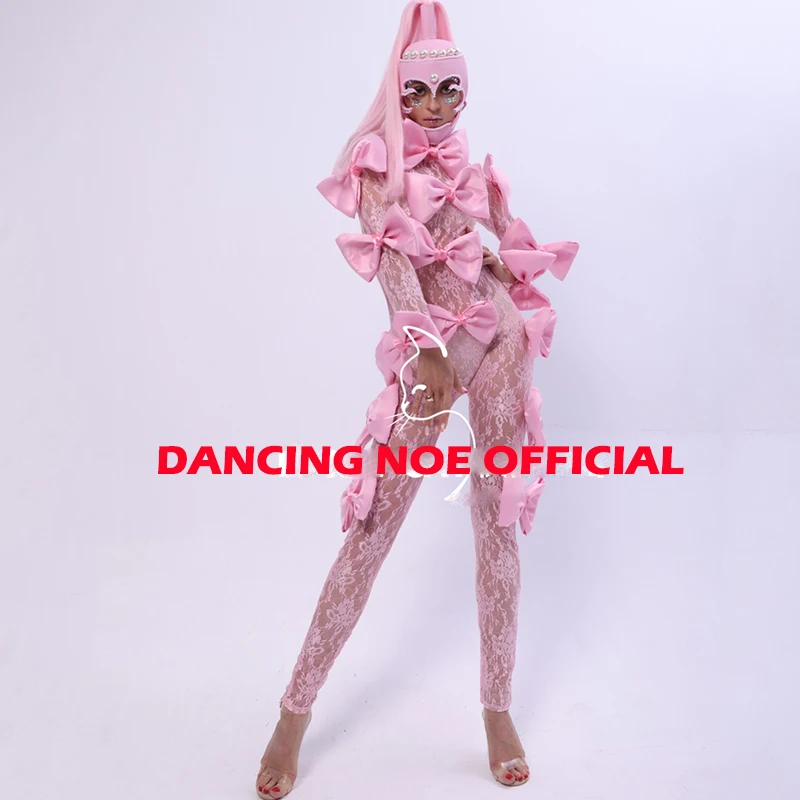 Pink Lace One-Piece Bow Gogo Dance Costume Women Sexy Jumpsuit Female Singer Nightclub Bar Ds Dj Party Stage Costumes DN8600