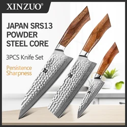 XINZUO 3PCS Kitchen Knives Set North American Desert Ironwood Handle Japan 49 Layers SRS13/R2/SG2 Damascus Steel High End Knife