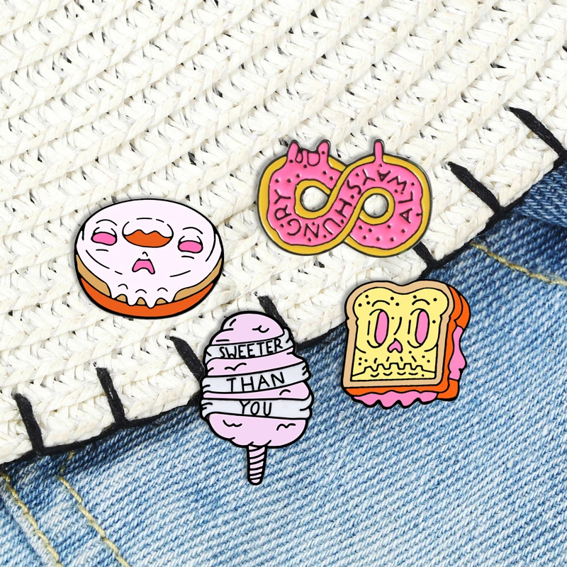 Cartoon Donuts Toast Bread Cotton Candy Badge Brooch Fast Food Denim Jackets Enamel Pins Pink Collection Jewelry Gift For Girls