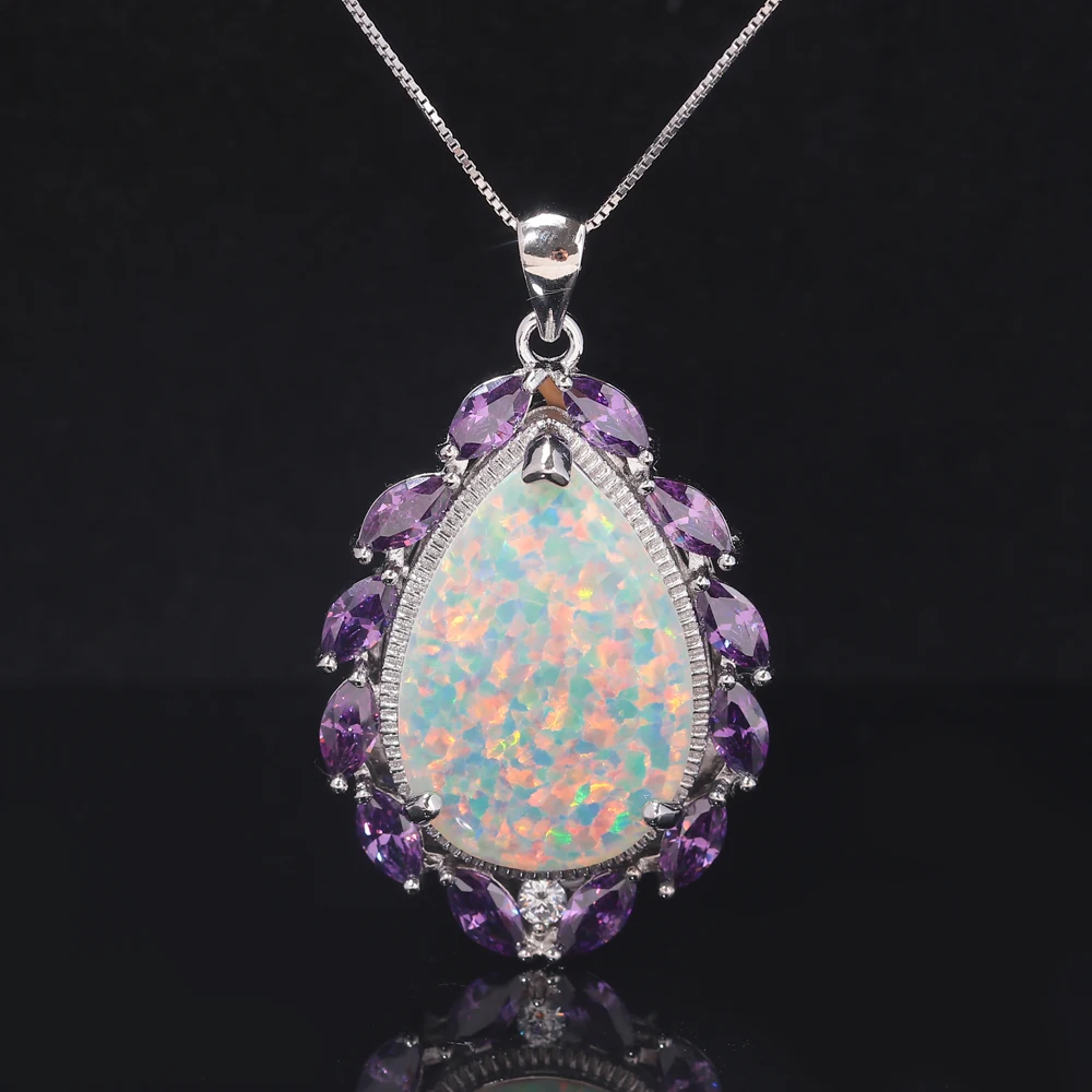 CiNily White Super huge Fire Opal Silver Plated Color Zircon Necklace Pendant Charms with Good Looking for Woman Jewel