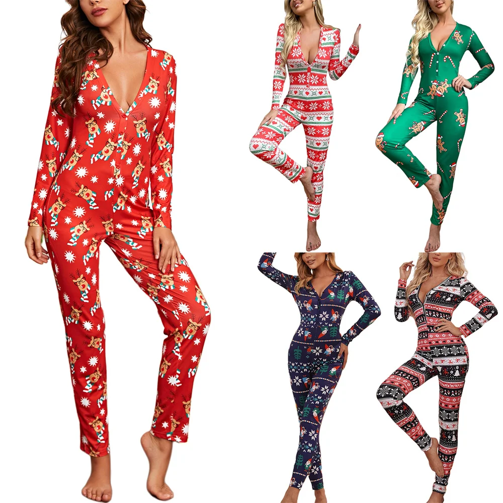 Christmas Women Pajamas Jumpsuit for Women Sleepwear V Neck Long Sleeve Christmas Cartoon Printed Pajamas Overall Homewear