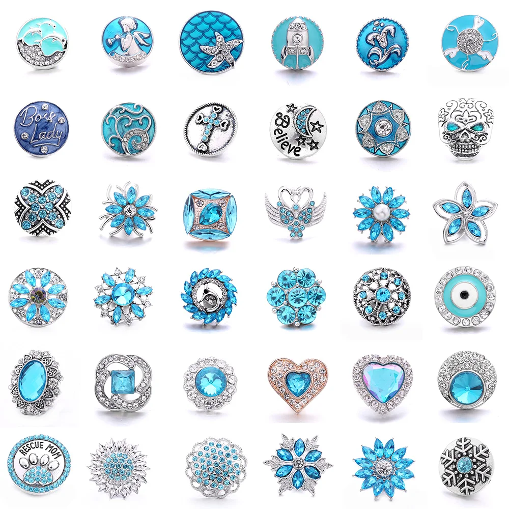 5pcs/lot Wholesale Snap Button Jewelry Charms Vintage Metal Blue Crystal Rhinestone Flower 18mm Snap Buttons Fit Snap Bracelet