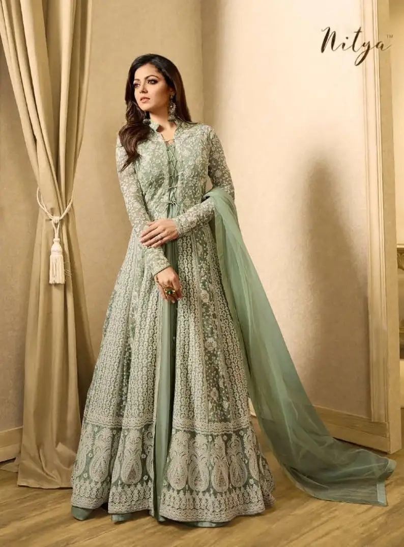 mint green Pakistani prom Dress Embroidery Anarkali Gown lace applique long sleeve caftan kaftan Bollywood Party evening gown