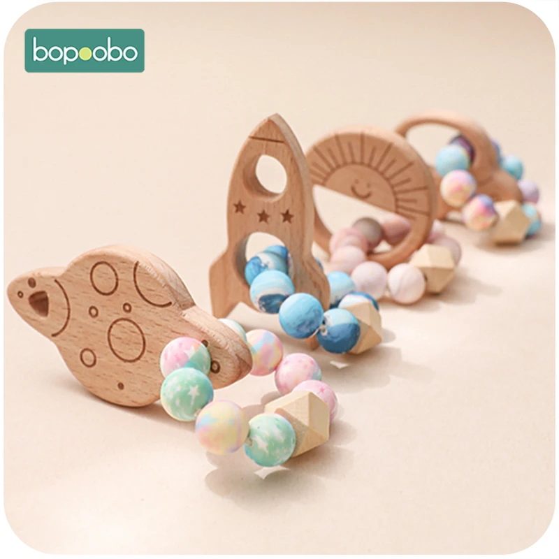 Bopoobo 1PC Baby Silicone Teether Beech Toys Bracelet Wooden Spaceship Rocket Chew Teething Care Teether Wooden Ring for Kids