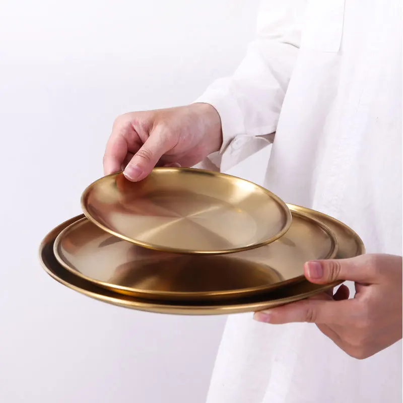 Golden Stainless Steel Dinner Plate Scandinavian Round Storage Tray Food Jewelry Display BBQ Picnic Serving Dish Korean Cutlery