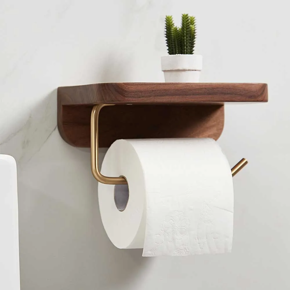 

Bathroom Wall Mounted Roll Paper Holder Household Toilet Solid Walnut Wood Tissue Bracket WC Paper Phone Holder Towel Roll Shelf