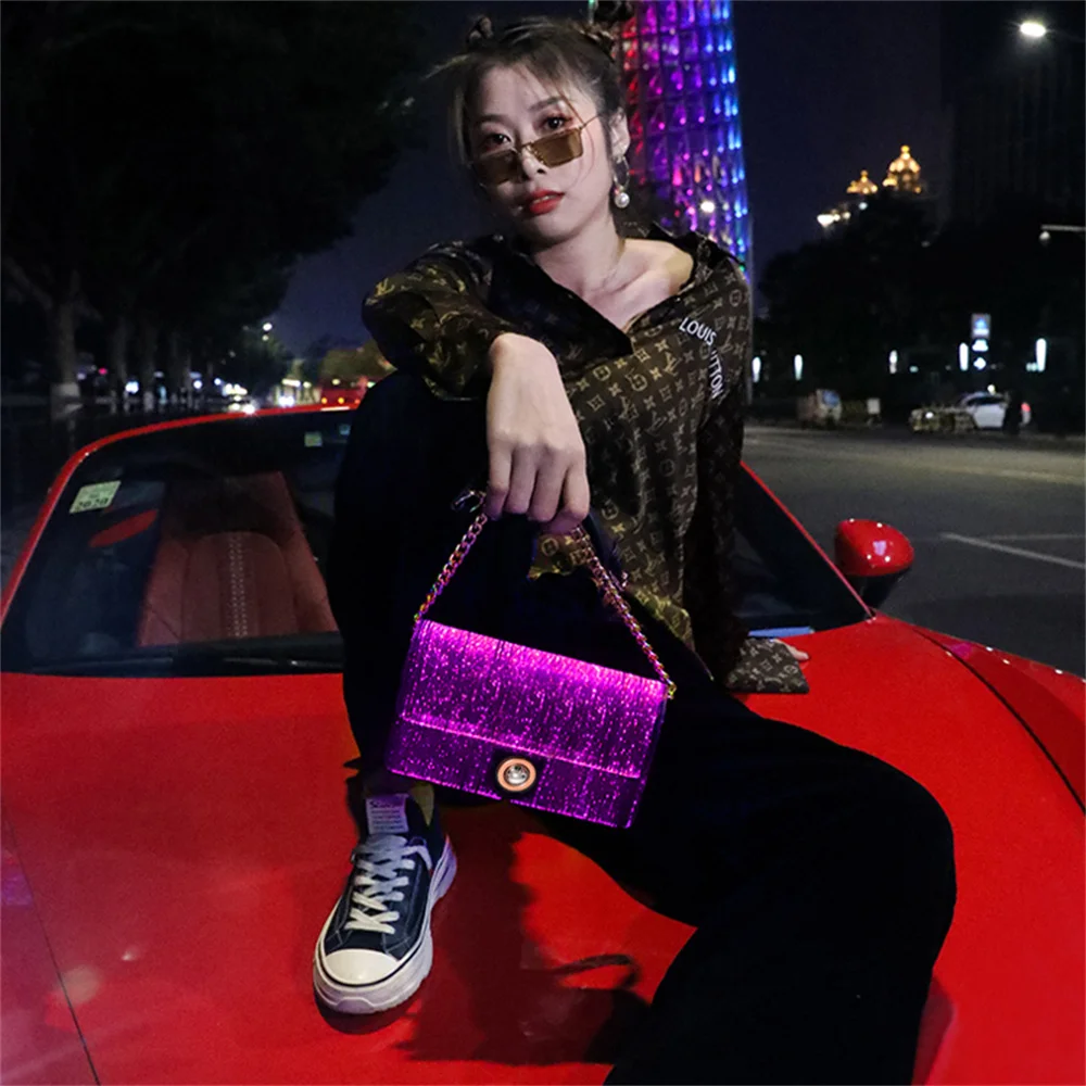 LUMISONATA 2022 Square Casual Bag Women Girls Light Up Bag Luminous Cross Body Shoulder Handbags PU Leather Chain Handbag