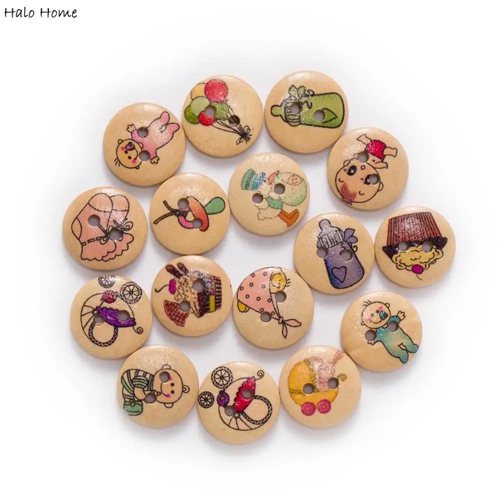 50pcs Baby Theme Printing Round Wooden buttons Sewing Scrapbook Clothing Gifts Crafts Handwork Accessories Fabric DIY 15mm