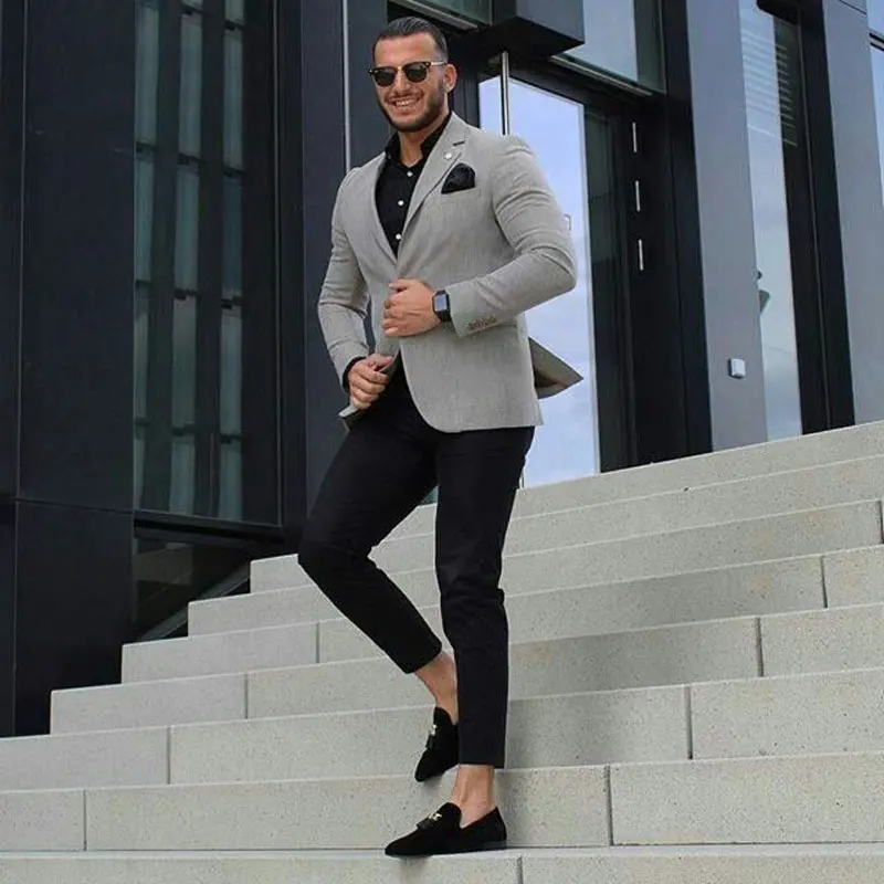 Grey Men Suits Business Costume Homme Casual Blazer Sets Male Groom Wear Slim Fit Tuxedo Wedding Suits 2 Pieces Jacket Pants