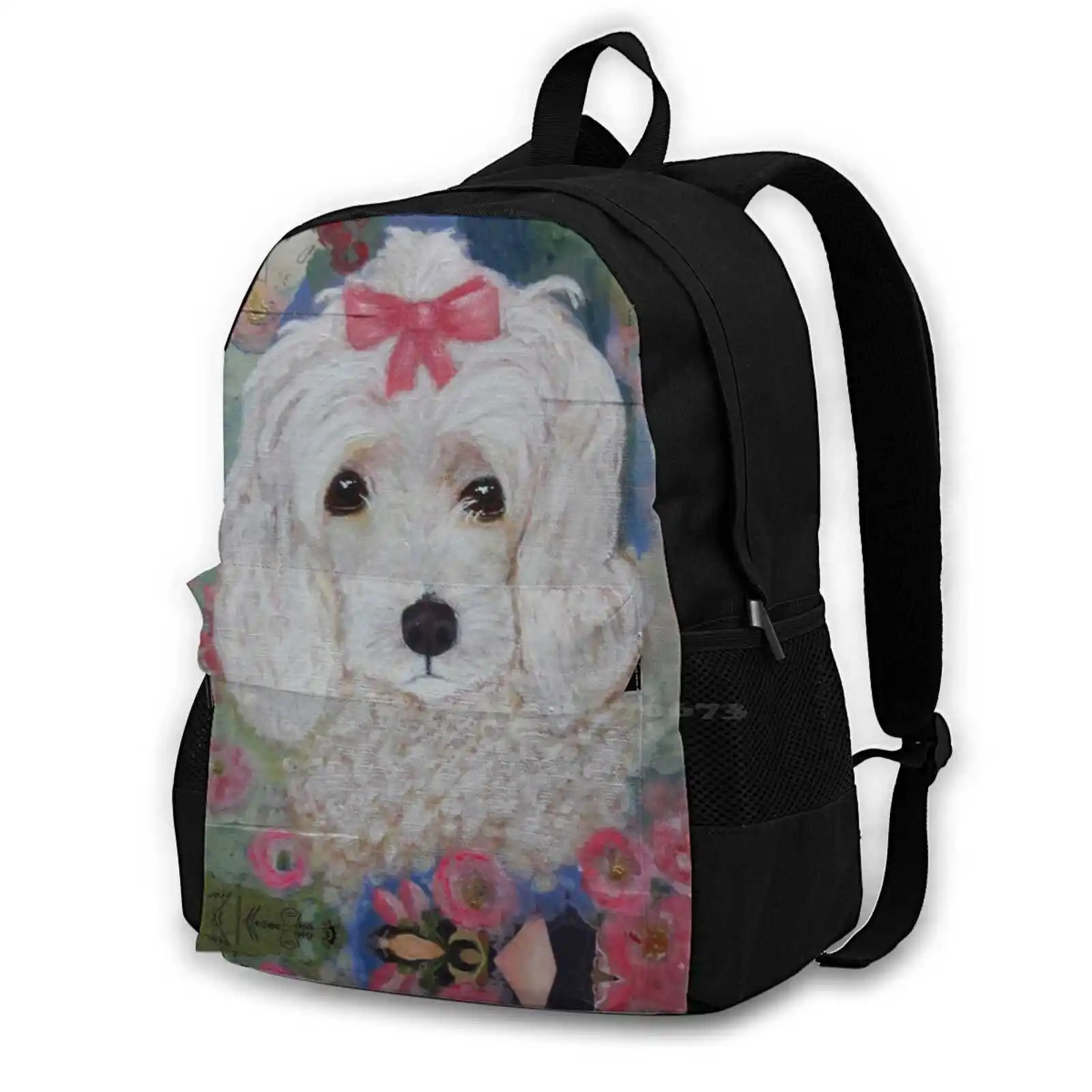 Sweet Little Lola School Bag Big Capacity Backpack Laptop 15 Inch Dog Pink Flowers White Cockapoo Roses Dog Art Pet Portrait