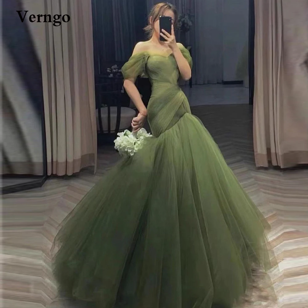 Verngo Nieuwe Olive Green Tulle Mermaid Lange Prom Dresses Uit De Schouder Korte Mouwen Pleats Ingericht Stijlvolle Avondjurken