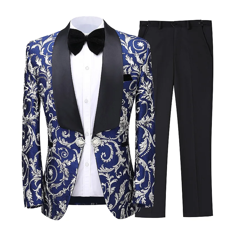 

Latest Coat Pant Designs 2020 Men suit Shawl Lapel Slim 3 Piece Set Suit Blue Floral Jacquard Wedding Groom Singers Prom Costume