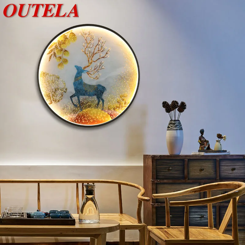 

OUTELA LED Wall Lights Modern Sika Deer Figure Sconces Round Lamp Creative For Home Teahouse